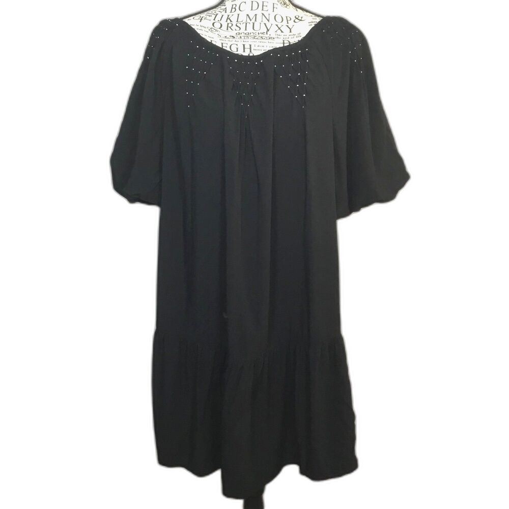 Black below knee length dress puff elastic short sleeves white dots detail S